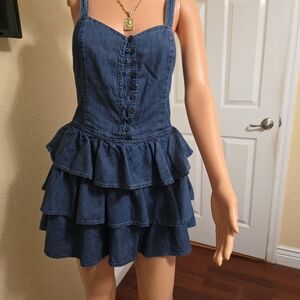 Denim Button-Front Ruffle Mini Dress - Blue
